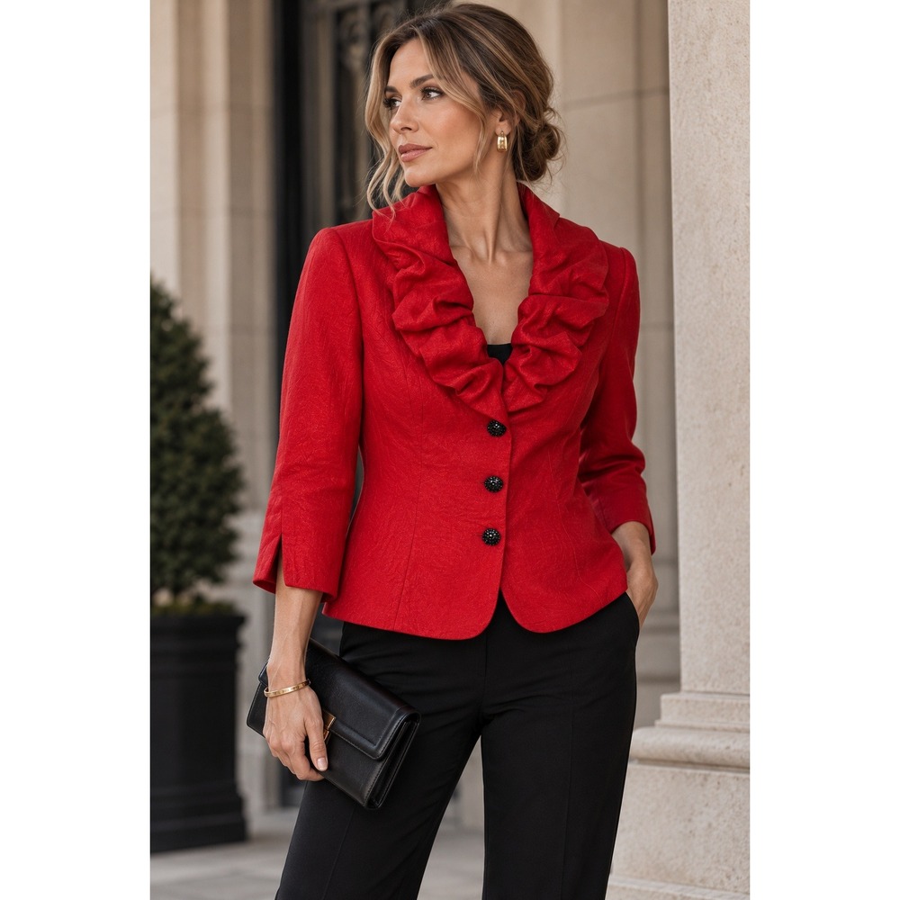 Victor Costa Blazer Womens 4 Red Ruffle Evening Glam Formal Jacket Vintage
